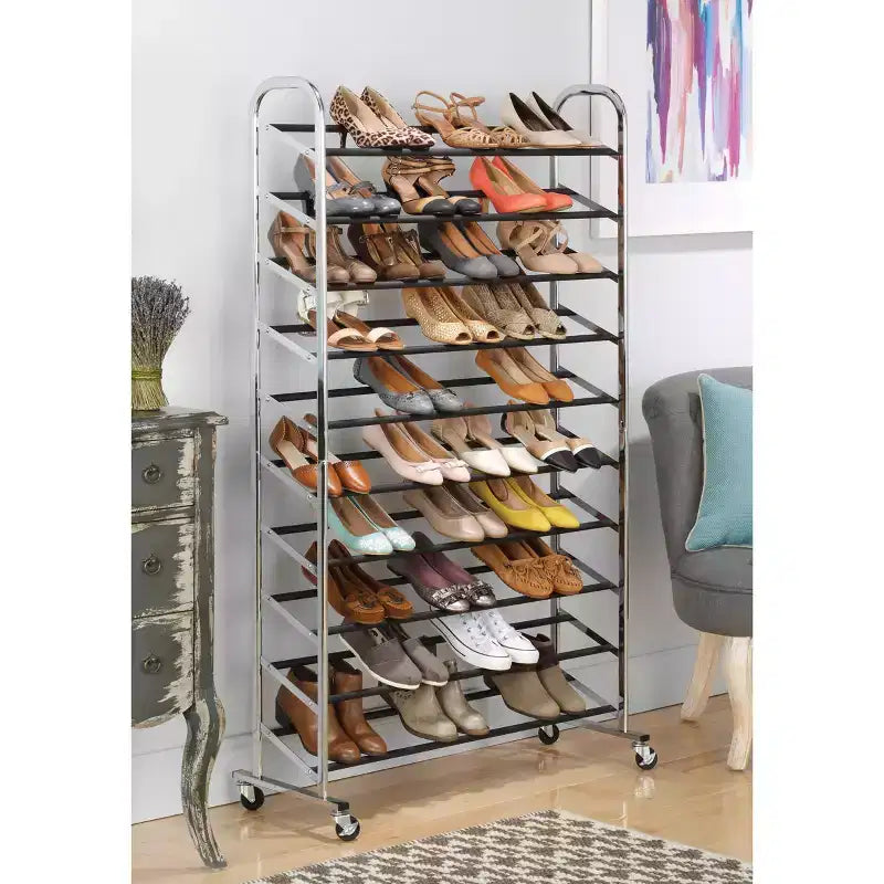 Tour de chaussures à 10 niveaux argentée : étagère à chaussures autoportante pour placard, peut contenir 50 paires, cadre en fer et plastique, hauteur de 151 cm