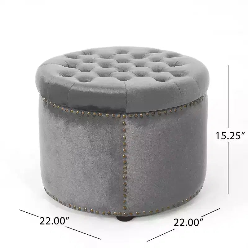 Ottoman rond contemporain en velours capitonné avec garniture cloutée