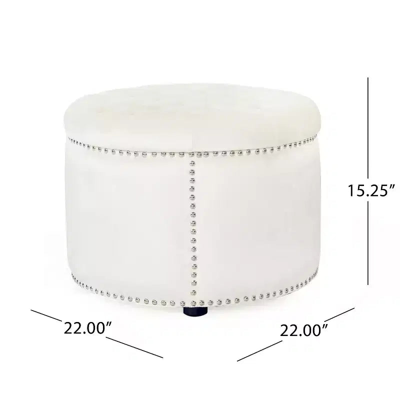 Ottoman rond contemporain en velours capitonné avec garniture cloutée