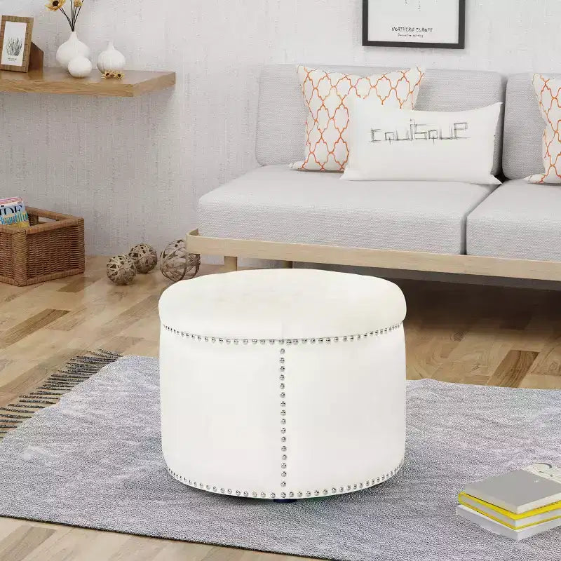 GDFStudio Hempstead Contemporary Round Tufted Velvet Ottoman with Nailhead Trim
