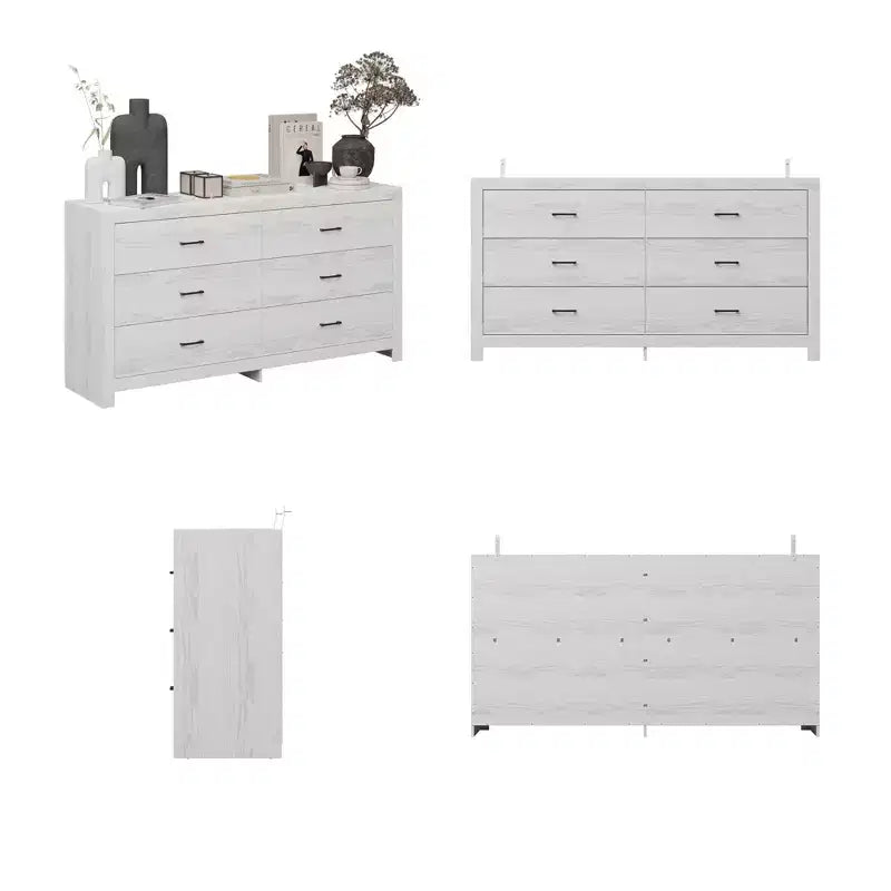 Commode aspect bois à six tiroirs et poignées noires pour rangement de salon