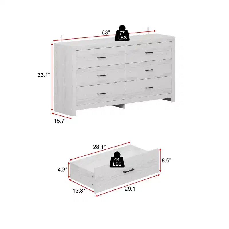 Commode aspect bois à six tiroirs et poignées noires pour rangement de salon