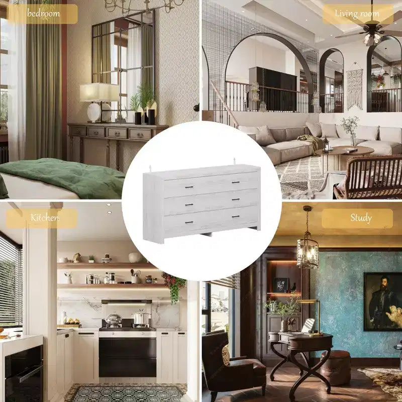 Commode aspect bois à six tiroirs et poignées noires pour rangement de salon