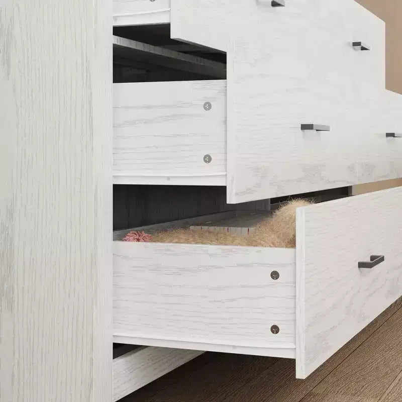 Commode aspect bois à six tiroirs et poignées noires pour rangement de salon