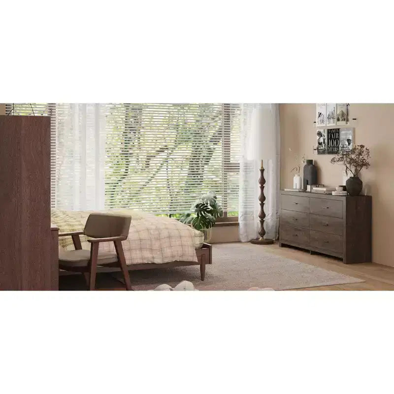 Commode aspect bois à six tiroirs et poignées noires pour rangement de salon