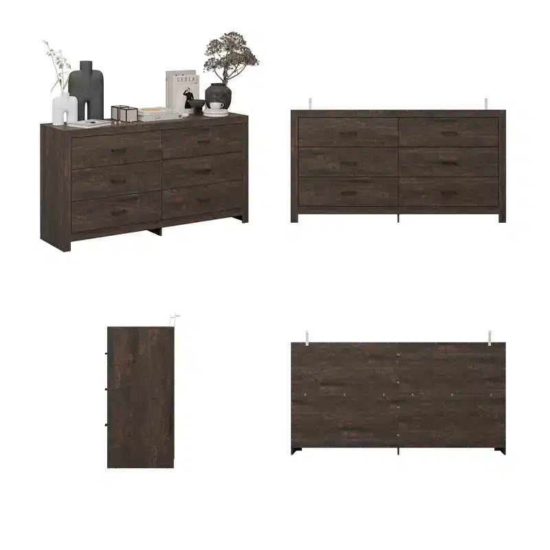 Commode aspect bois à six tiroirs et poignées noires pour rangement de salon