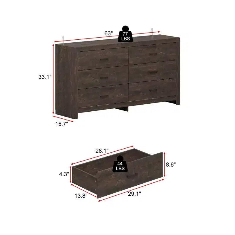 Commode aspect bois à six tiroirs et poignées noires pour rangement de salon