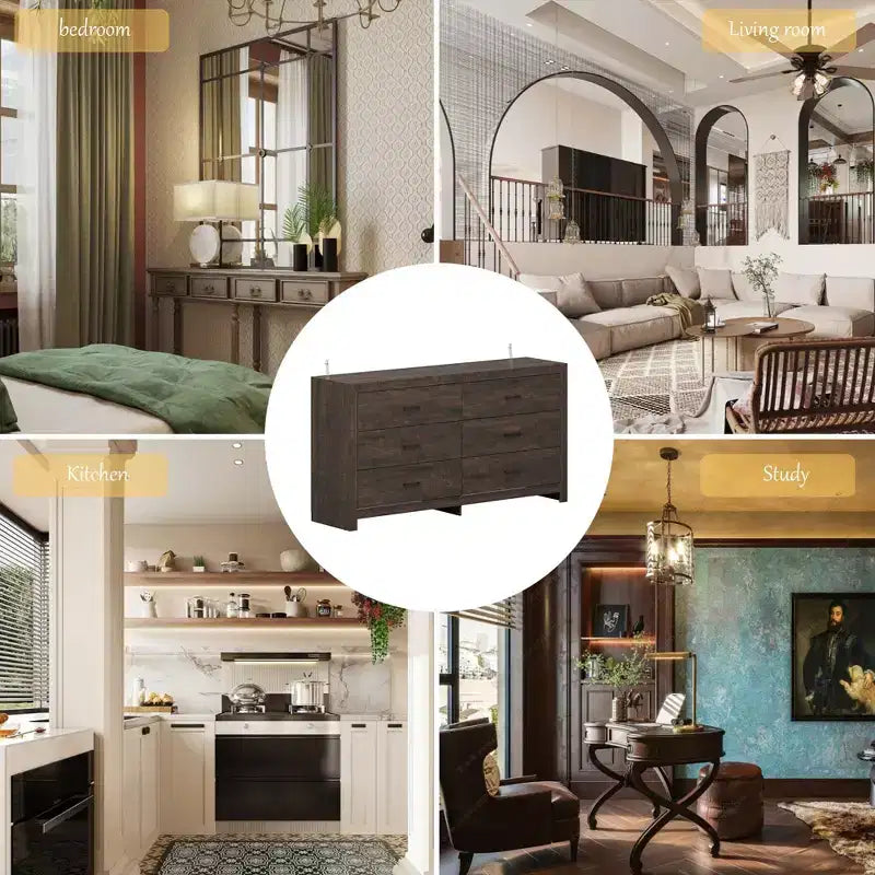 Commode aspect bois à six tiroirs et poignées noires pour rangement de salon