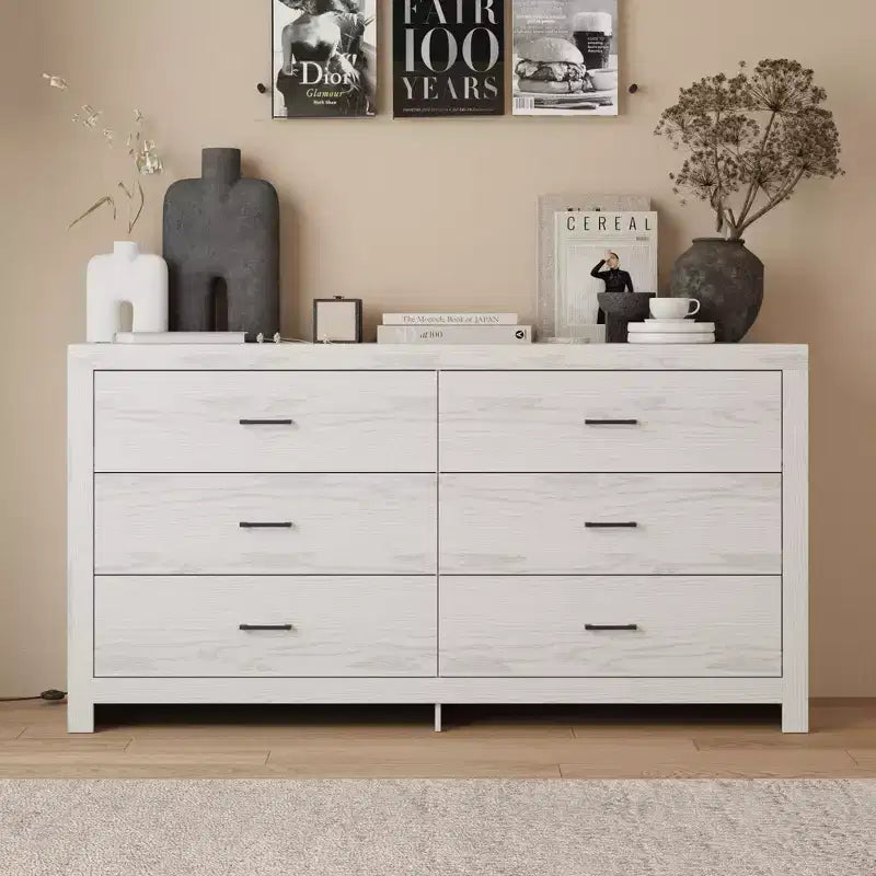 Famapy Wood Grain Dresser With Six Drawers And Black Handles For Living Room Storage