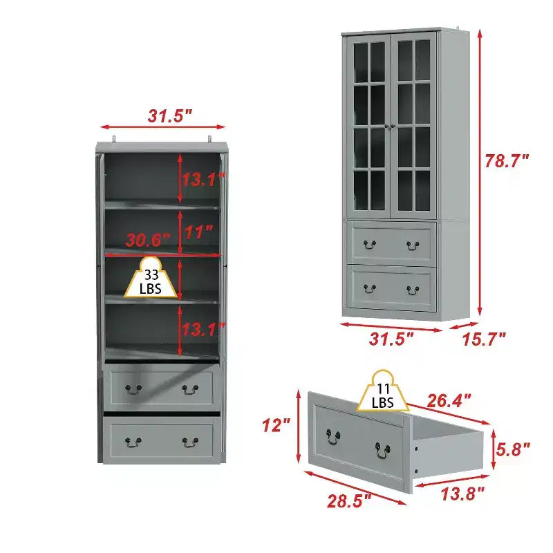 31.5''L Meuble de rangement en bois avec portes vitrées pour garde-manger