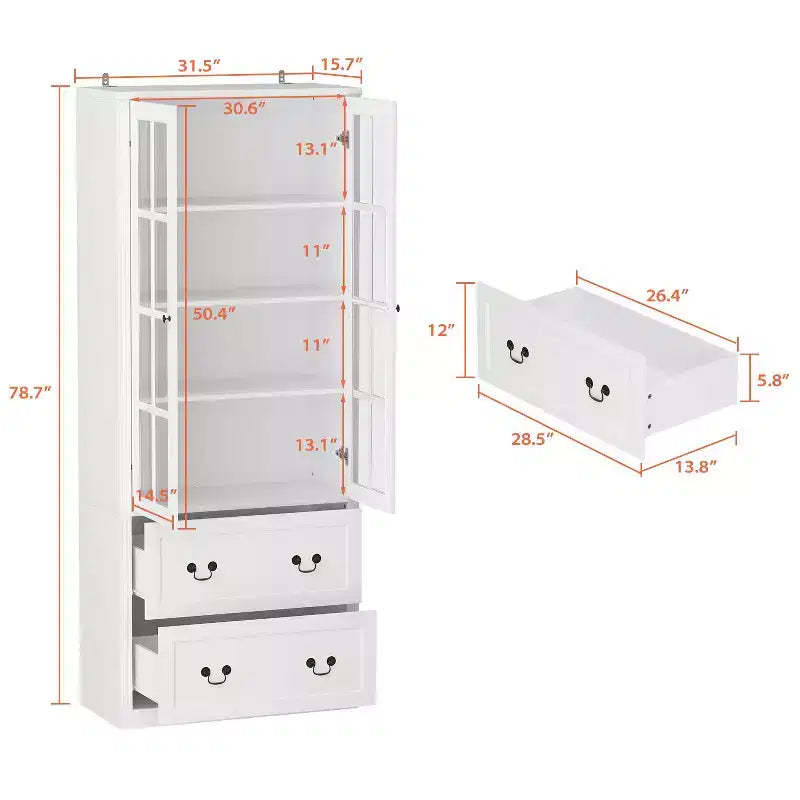 31.5''L Meuble de rangement en bois avec portes vitrées pour garde-manger
