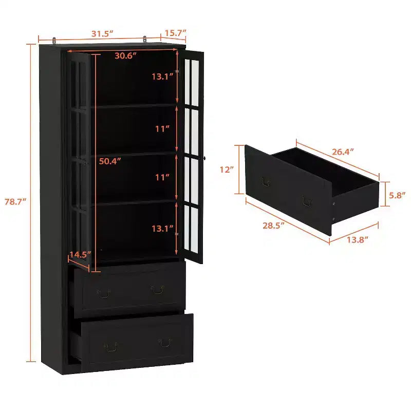 31.5''L Meuble de rangement en bois avec portes vitrées pour garde-manger