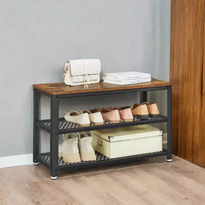 Industrial Chic 3-Tier Shoe Rack Bench with Metal Mesh Shelves - Stylish Entryway Organization and Seating