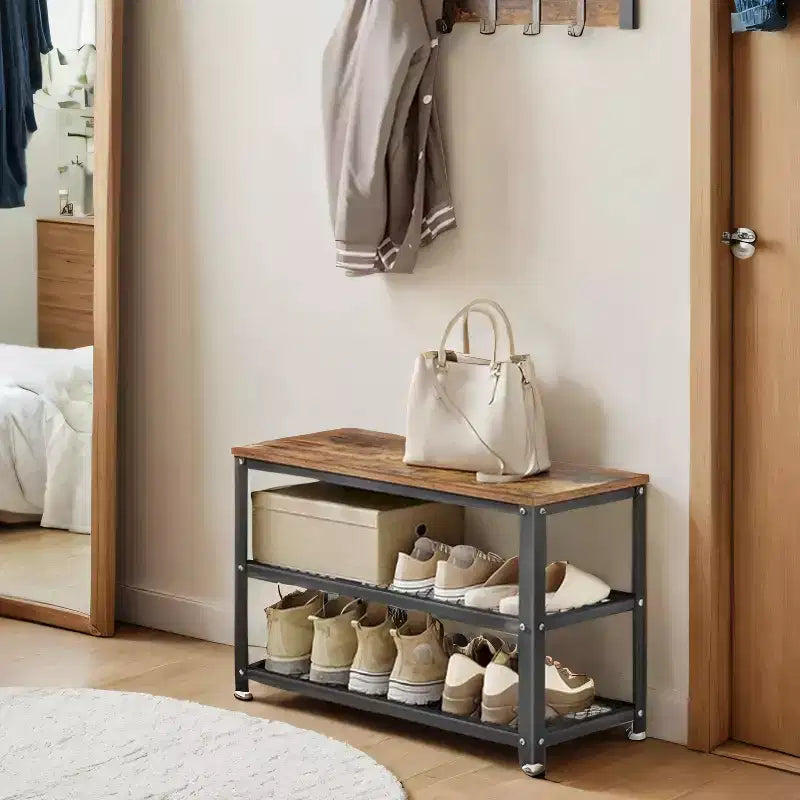 Banc à chaussures 3 niveaux style industriel chic avec étagères en maille métallique - Rangement et assise élégants pour l'entrée