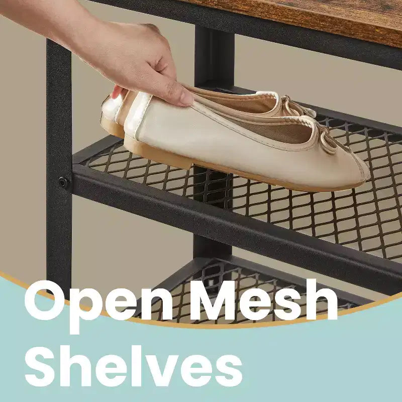 Banc à chaussures 3 niveaux style industriel chic avec étagères en maille métallique - Rangement et assise élégants pour l'entrée