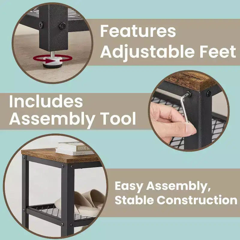 Banc à chaussures 3 niveaux style industriel chic avec étagères en maille métallique - Rangement et assise élégants pour l'entrée