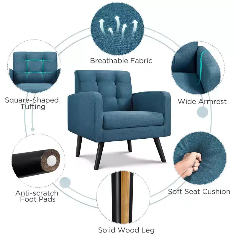 Fauteuil d'appoint du milieu du siècle avec dossier touffeté et pieds en hévéa