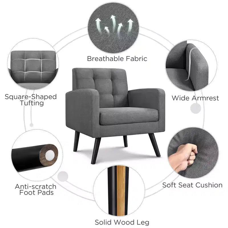 Fauteuil d'appoint du milieu du siècle avec dossier touffeté et pieds en hévéa