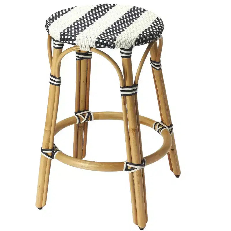 24 Blue White And Natural Rattan Backless Counter Height Bar Chair