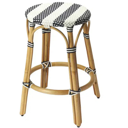 24 Blue White And Natural Rattan Backless Counter Height Bar Chair