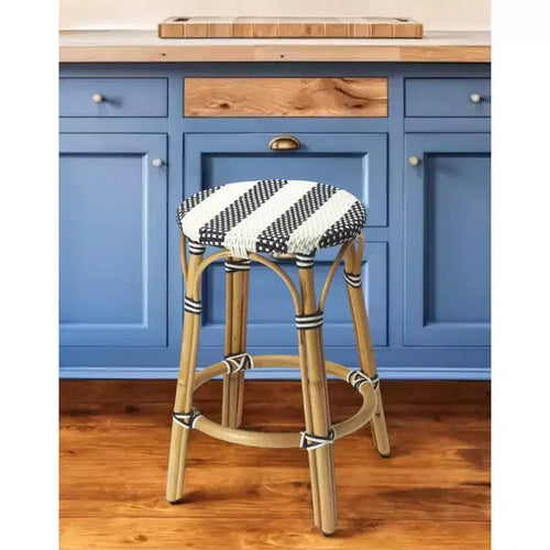 24 tabourets de bar sans dossier en rotin bleu, blanc et naturel, hauteur comptoir