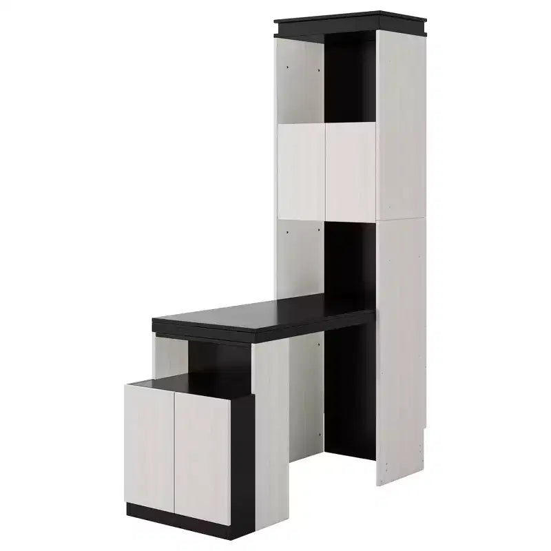 Lit escamotable mural pleine grandeur, sommier pliant multifonctionnel avec bureau, étagères de rangement et armoires, noir+blanc