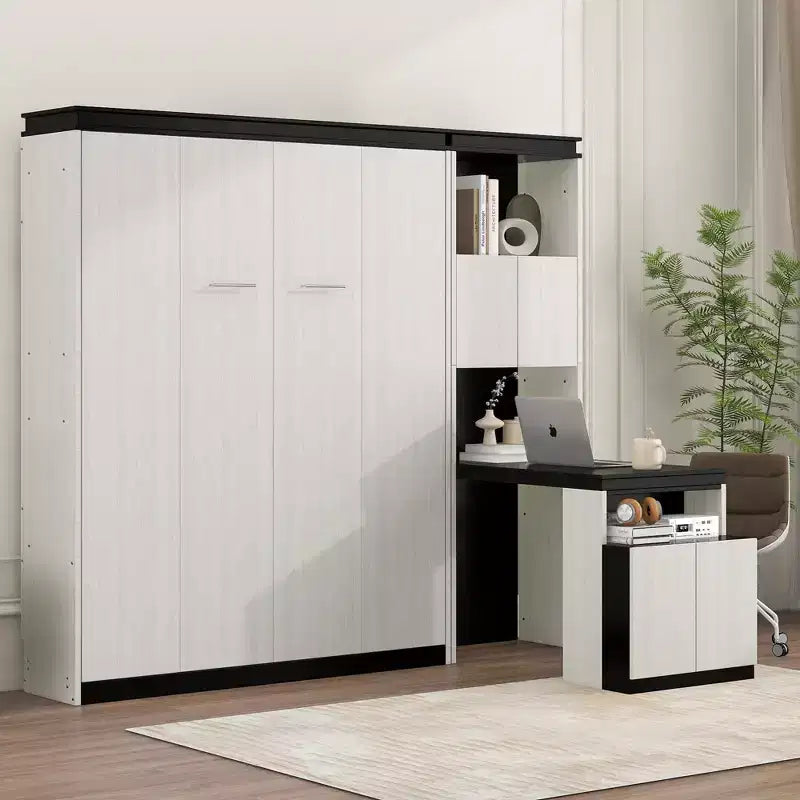 Lit escamotable mural pleine grandeur, sommier pliant multifonctionnel avec bureau, étagères de rangement et armoires, noir+blanc