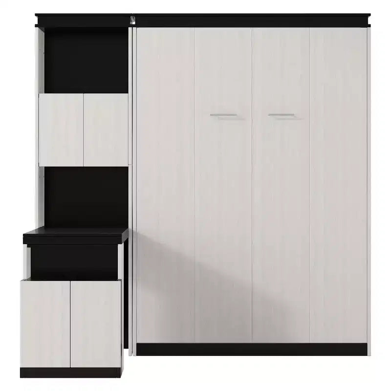 Lit escamotable mural pleine grandeur, sommier pliant multifonctionnel avec bureau, étagères de rangement et armoires, noir+blanc