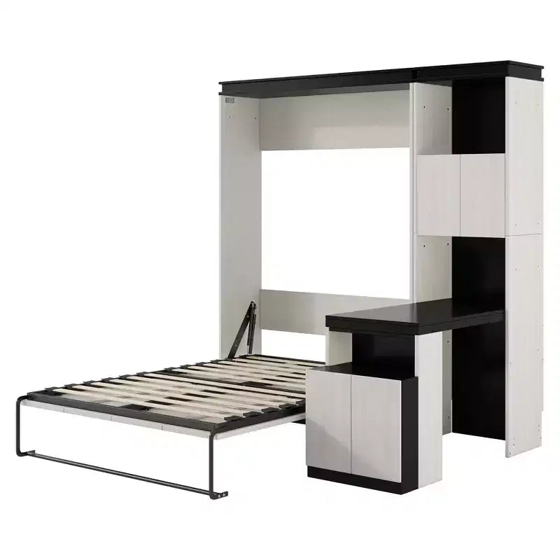 Lit escamotable mural pleine grandeur, sommier pliant multifonctionnel avec bureau, étagères de rangement et armoires, noir+blanc