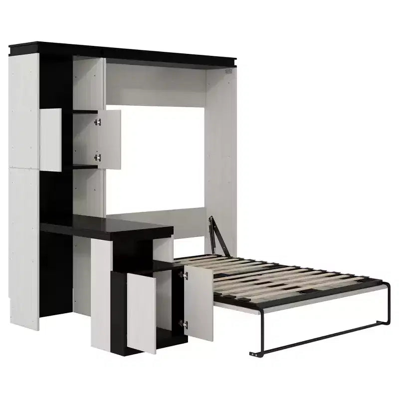 Lit escamotable mural pleine grandeur, sommier pliant multifonctionnel avec bureau, étagères de rangement et armoires, noir+blanc