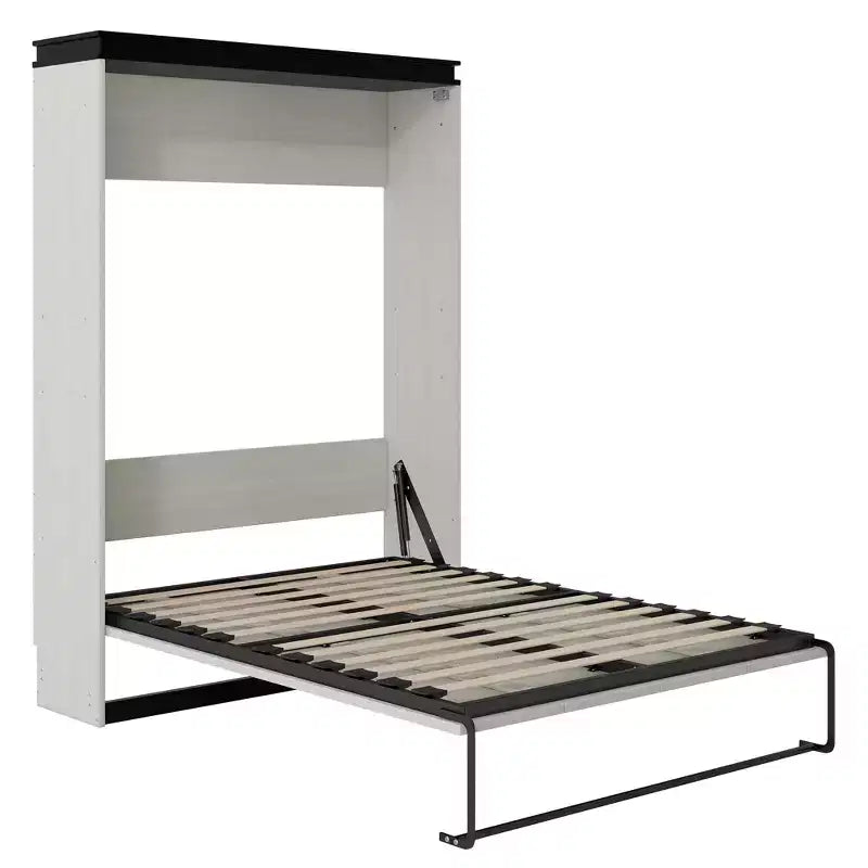 Lit escamotable mural pleine grandeur, sommier pliant multifonctionnel avec bureau, étagères de rangement et armoires, noir+blanc