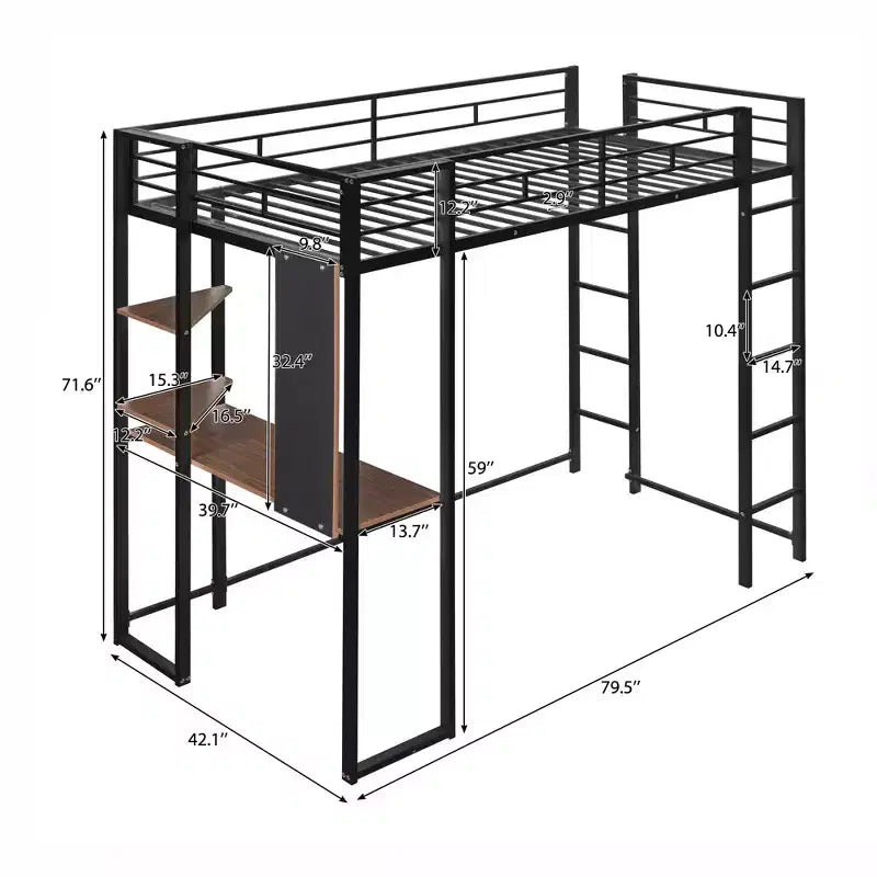 Lit mezzanine en métal de taille double Whisen 42,1 po L x 79,5 po l avec bureau intégré, étagère et échelle, cadre en métal robuste