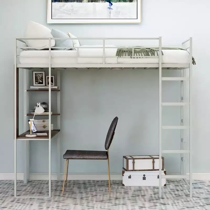 Lit mezzanine en métal de taille double Whisen 42,1 po L x 79,5 po l avec bureau intégré, étagère et échelle, cadre en métal robuste