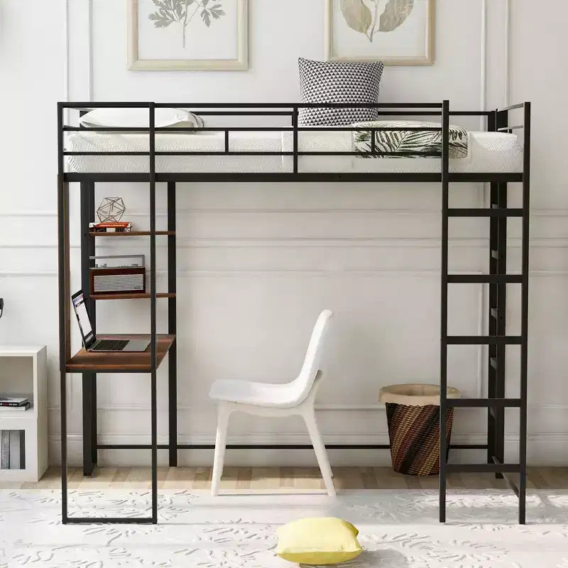 Lit mezzanine en métal de taille double Whisen 42,1 po L x 79,5 po l avec bureau intégré, étagère et échelle, cadre en métal robuste