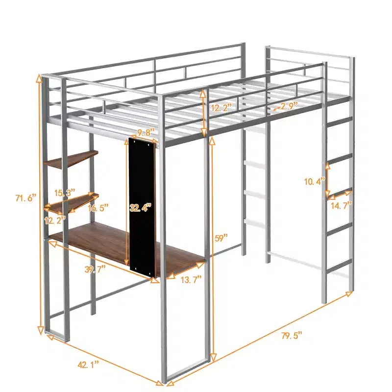 Lit mezzanine en métal de taille double Whisen 42,1 po L x 79,5 po l avec bureau intégré, étagère et échelle, cadre en métal robuste