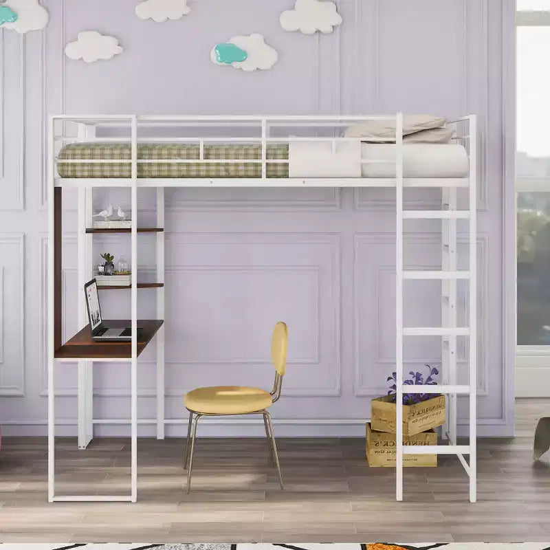 Lit mezzanine en métal de taille double Whisen 42,1 po L x 79,5 po l avec bureau intégré, étagère et échelle, cadre en métal robuste