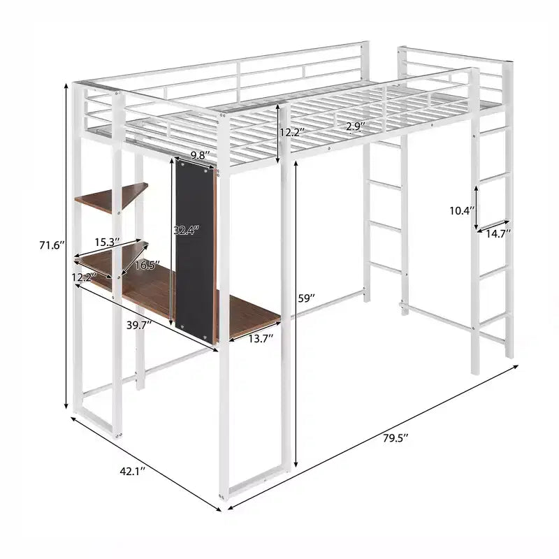 Lit mezzanine en métal de taille double Whisen 42,1 po L x 79,5 po l avec bureau intégré, étagère et échelle, cadre en métal robuste
