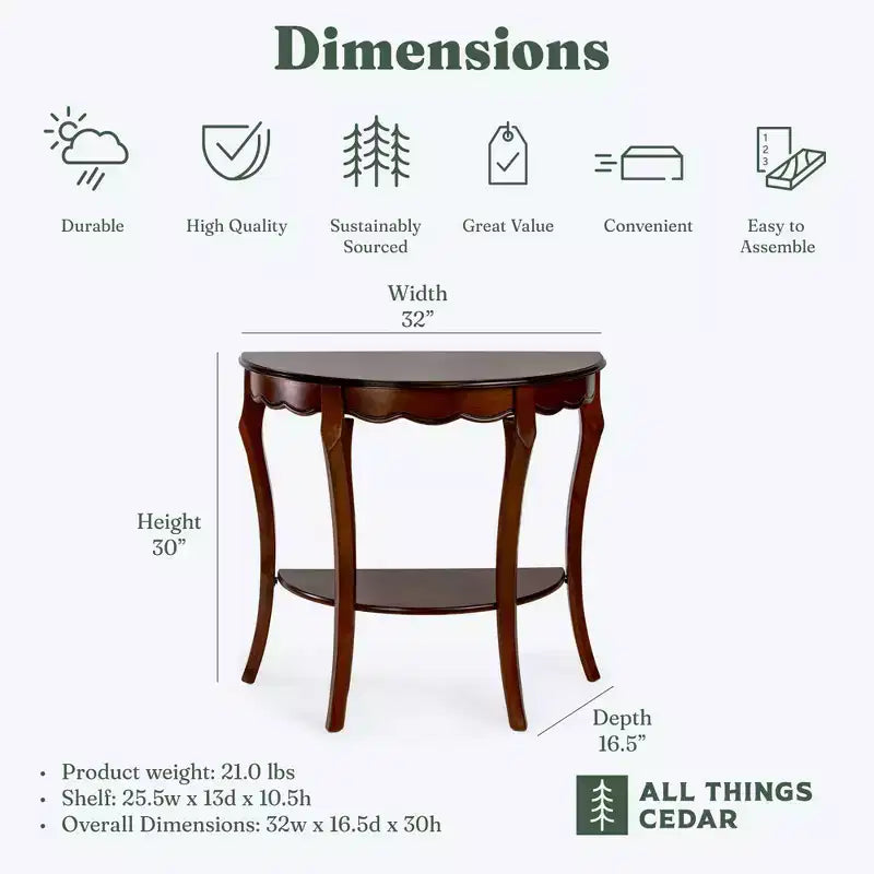 Table d'appoint demi-lune avec étagère de rangement inférieure