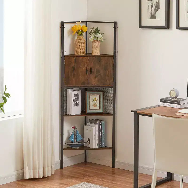 VECELO Corner Cabinet, Tall Storage Shelf with Triangle Wooden Shelves, Bookshelf for Small Space, Brown