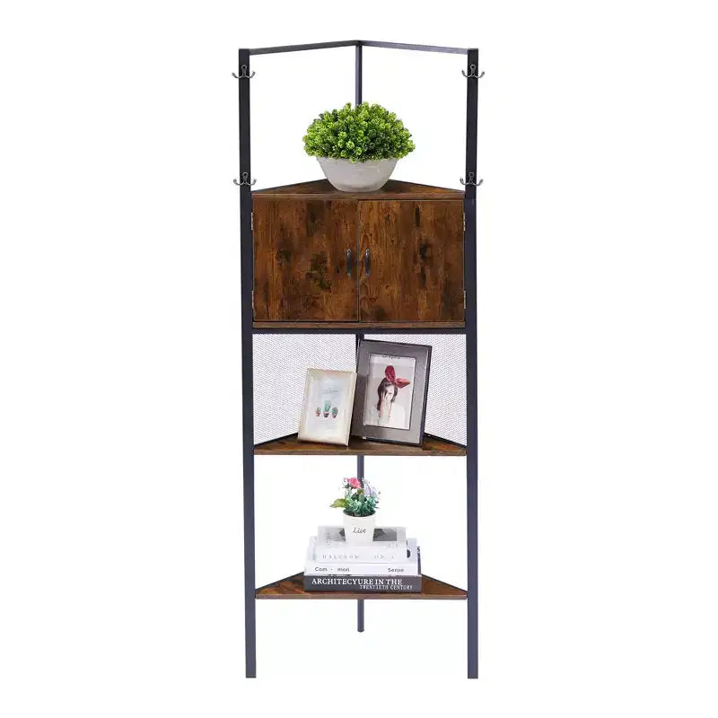 Étagère de Rangement, Étagère Haute avec Étagères Triangulaires en Bois, Bibliothèque pour Petit Espace, Marron
