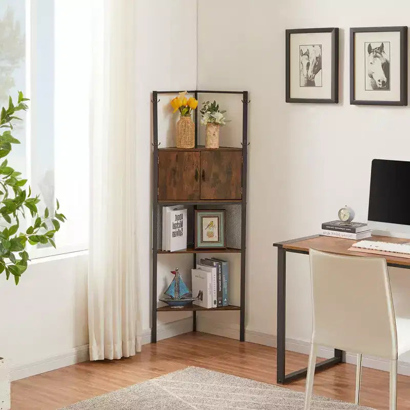 Étagère de Rangement, Étagère Haute avec Étagères Triangulaires en Bois, Bibliothèque pour Petit Espace, Marron