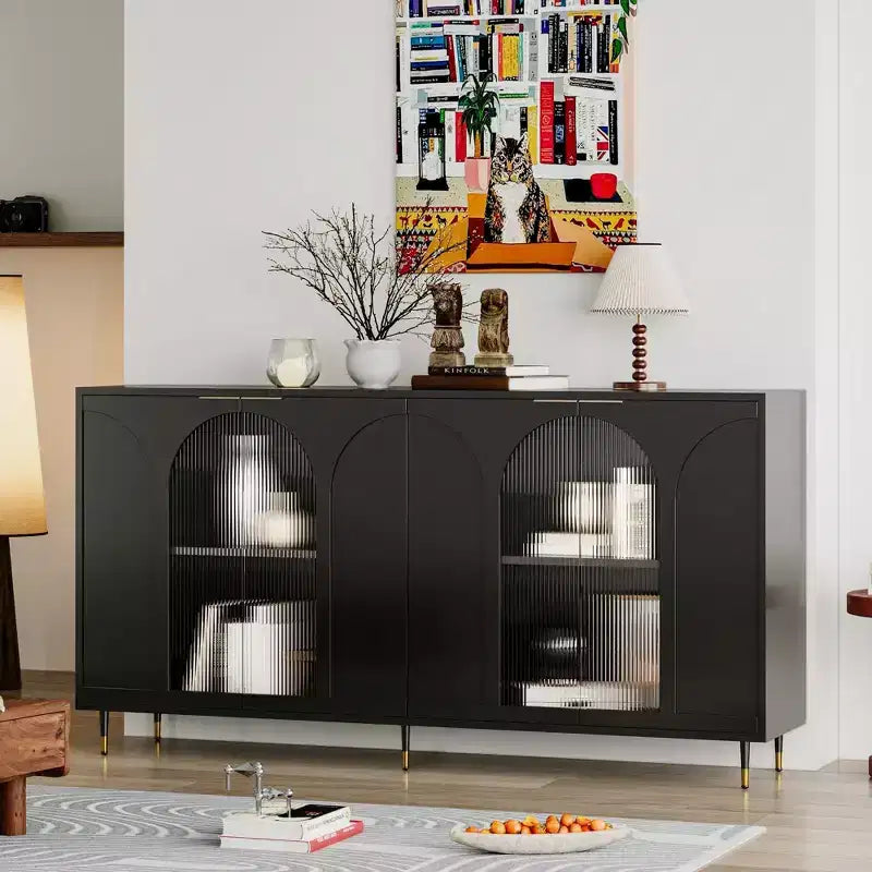 Accent Cabinet Black Lacquered Wooden Cabinet with 4 Glass Doors Sideboard Buffet Server Cabinet Storage Cabinet