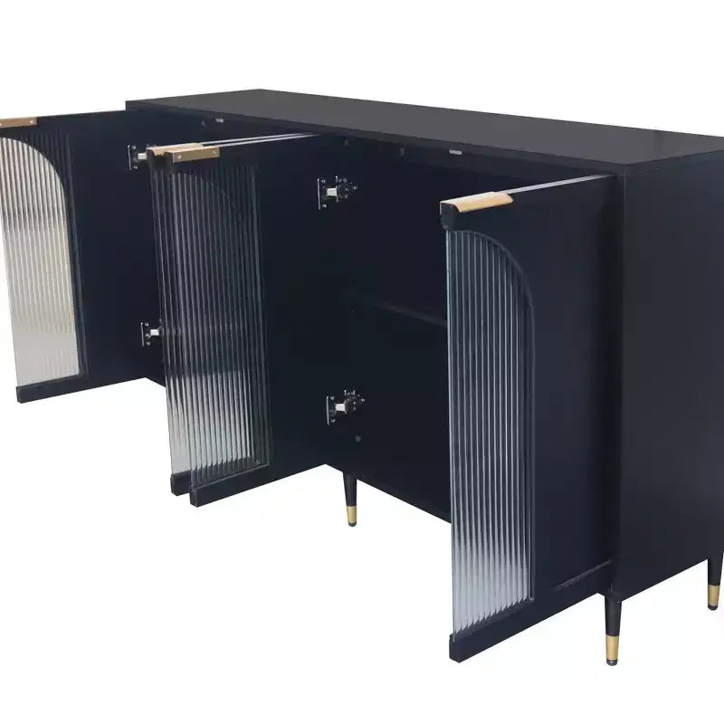Meuble d'appoint | Cabinet noir laqué en bois avec 4 portes vitrées | Buffet | Desserte | Armoire de rangement