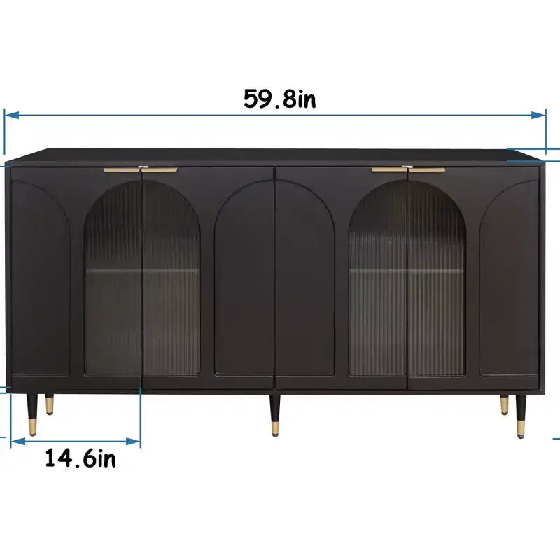 Meuble d'appoint | Cabinet noir laqué en bois avec 4 portes vitrées | Buffet | Desserte | Armoire de rangement