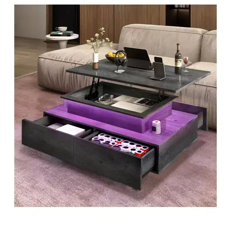 Tables basses à plateau relevable LED style ferme avec rangement 4 tiroirs Table centrale pour salon
