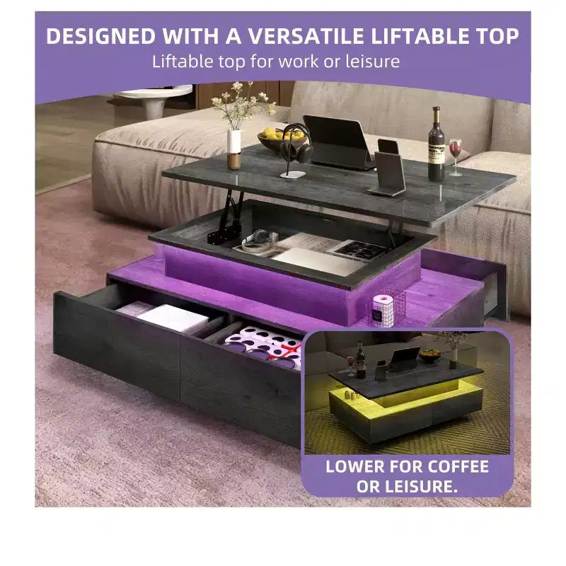 Tables basses à plateau relevable LED style ferme avec rangement 4 tiroirs Table centrale pour salon