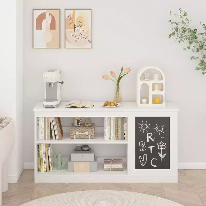 Bibliothèque et armoire de rangement pour jouets pour enfants avec tableau, deux étagères ouvertes - Blanc