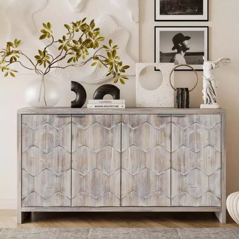 Sideboard Buffet Cabinet, Kitchen Pantry Storage Cabinet with 4 Metal Door Handles,Hexagonal Pattern Coffee Bar Cabinet