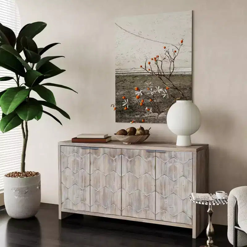 Buffet de salle à manger, armoire de rangement de cuisine avec 4 poignées de porte en métal, meuble de bar à café à motif hexagonal
