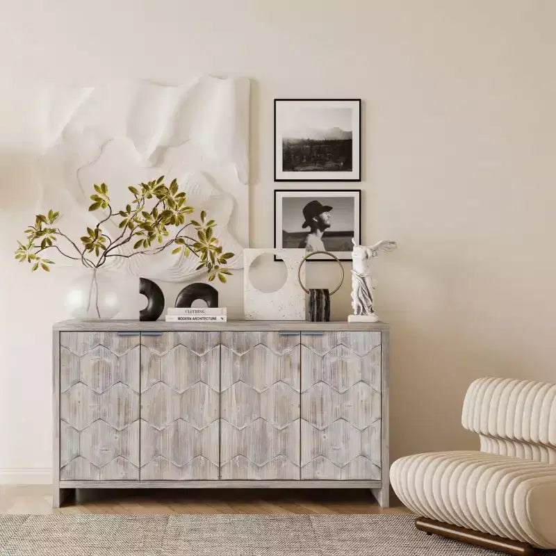 Buffet de salle à manger, armoire de rangement de cuisine avec 4 poignées de porte en métal, meuble de bar à café à motif hexagonal